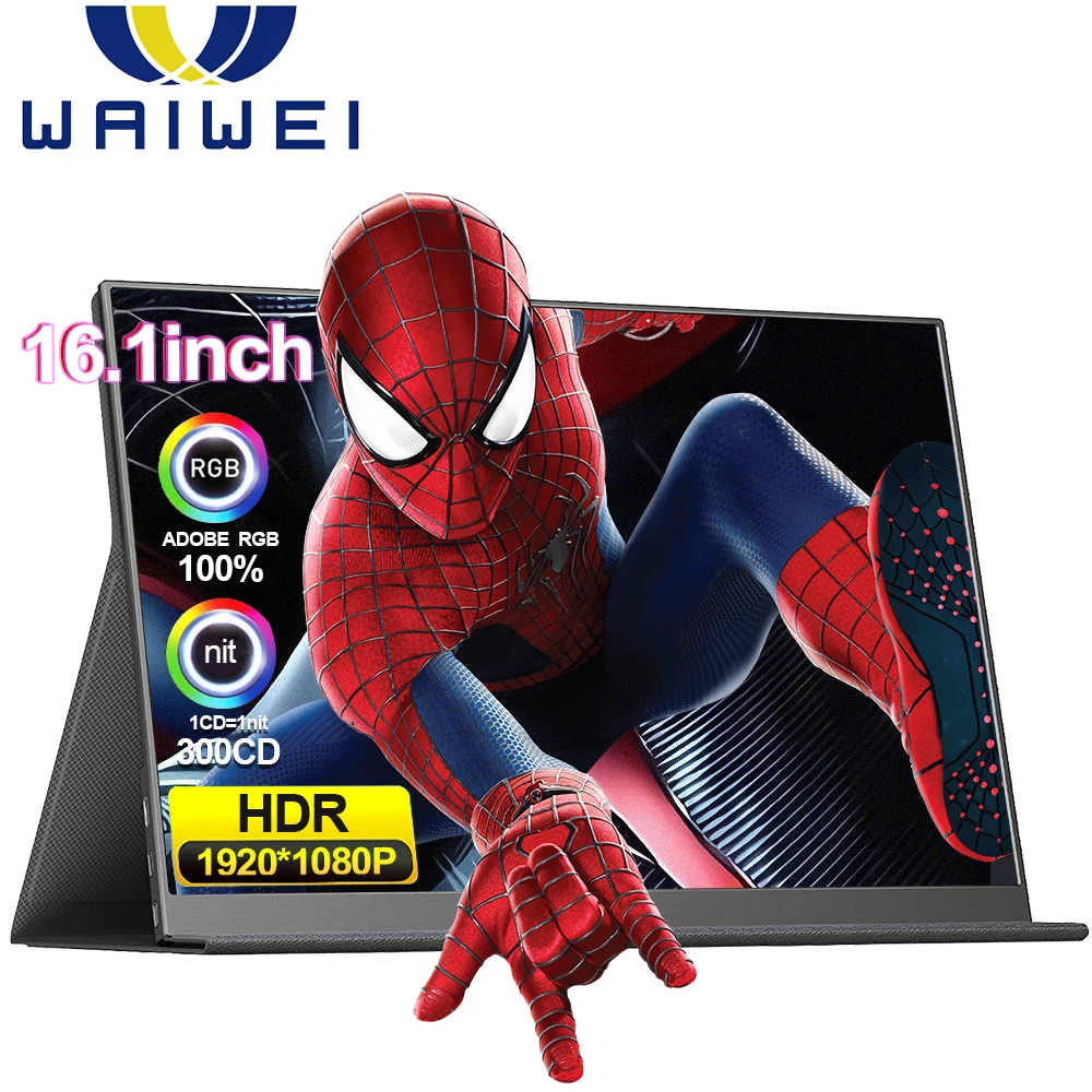 WAIWEI 16 Inch Ultra-thin Portable Monitor 1920*1080P 16:9 100% sRGB Gaming Monitor For Xbox PS5 Switch Laptop Phone Type-C HDMI