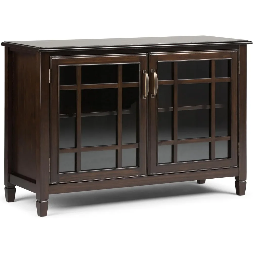 SOLID WOOD 46 Inch Wide Traditional Low Storage Cabinet in Dark Chestnut Brown, For the Living Room, Entryway and Family Room