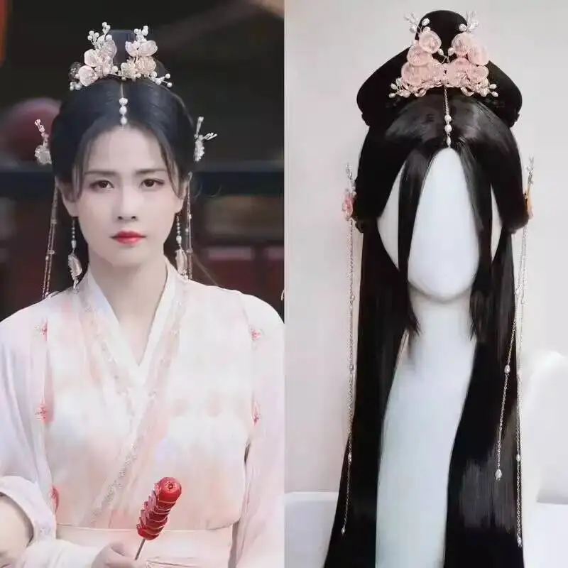 Ancient Style Hanfu Women's Wig Full Head Set Hair Accessories Long Yue Jin Ming Imitation Ye Xi Mist Same Style Pearl Pink view 2