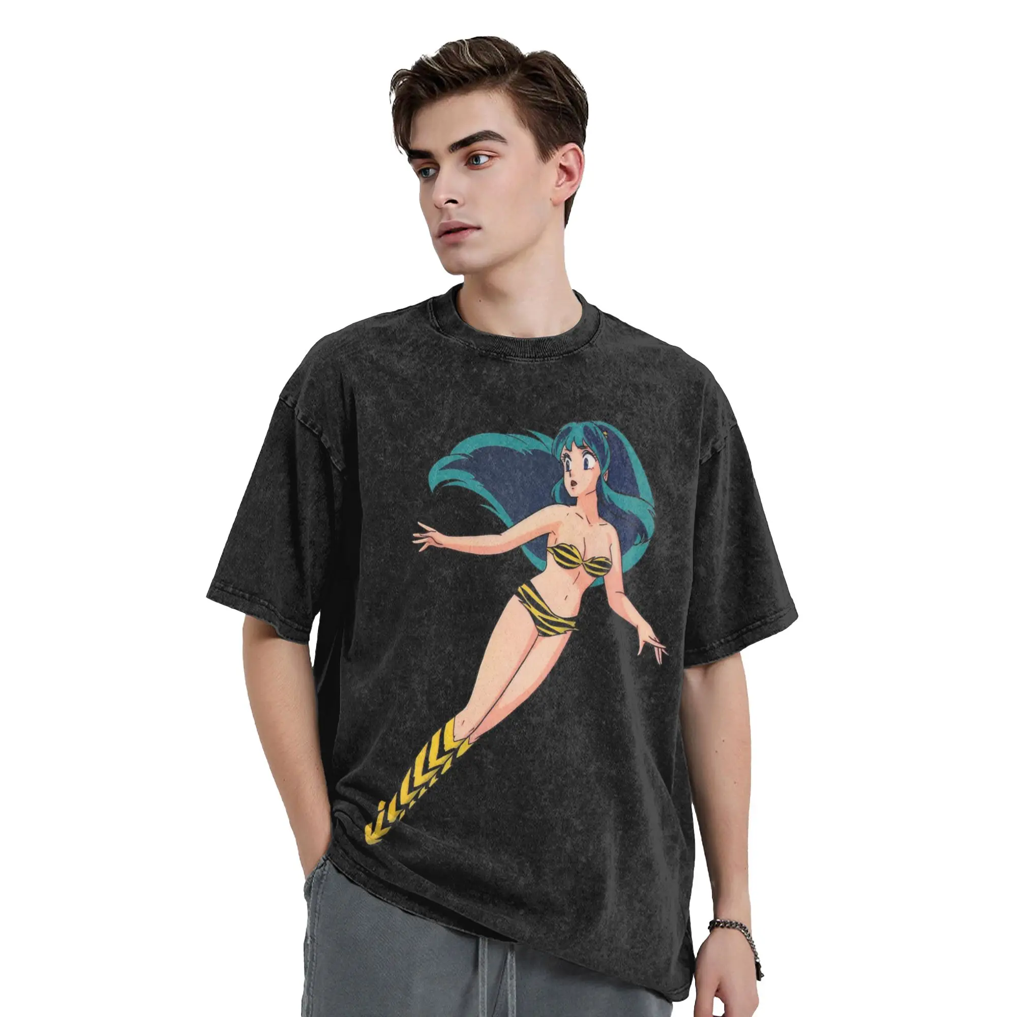 Lum Flying Urusei Yatsura T Shirt Hip Hop Washed Cotton Street T-Shirts  Fashion Men Women Tops Streetwear Graphic Tee Shirt