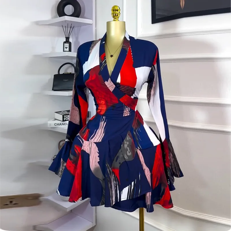 

Women Print Dresses A Line Dress Mini Lenth V Neck Long Flared Sleeves Waist Cinched Skinny Slim Casual Sexy Elegant 2025 Summer