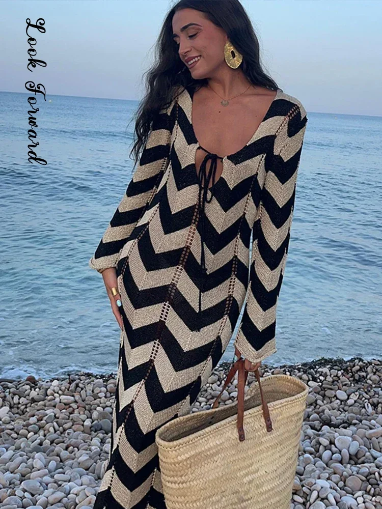 Striped Knit Long Dress Women Sexy Loose Sheath Hip Package Long Sleeve Party Dresses 2024 Summer Beach Panelled Lady Vestidos