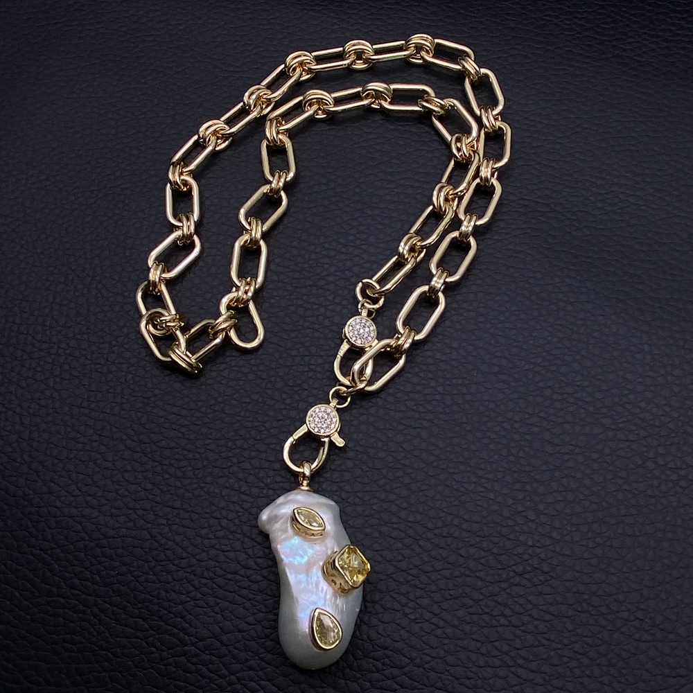 

Nucleated Flameball Baroque Pearl Yellow Cz Pendant gold plated Chain Necklace Jewelry Femme
