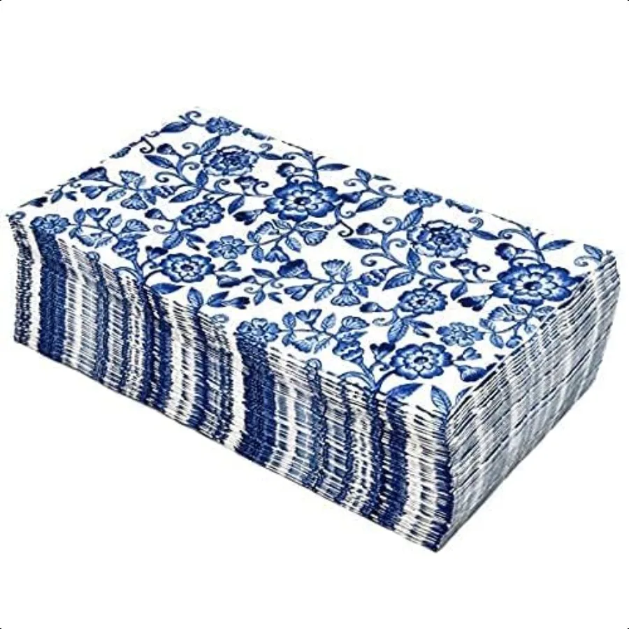 100枚入り ブルーの花柄ゲストナプキン 装飾ハンドタオル 3層紙 春の花柄ナプキン バスルーム トイレ パウダールーム ホリデー用