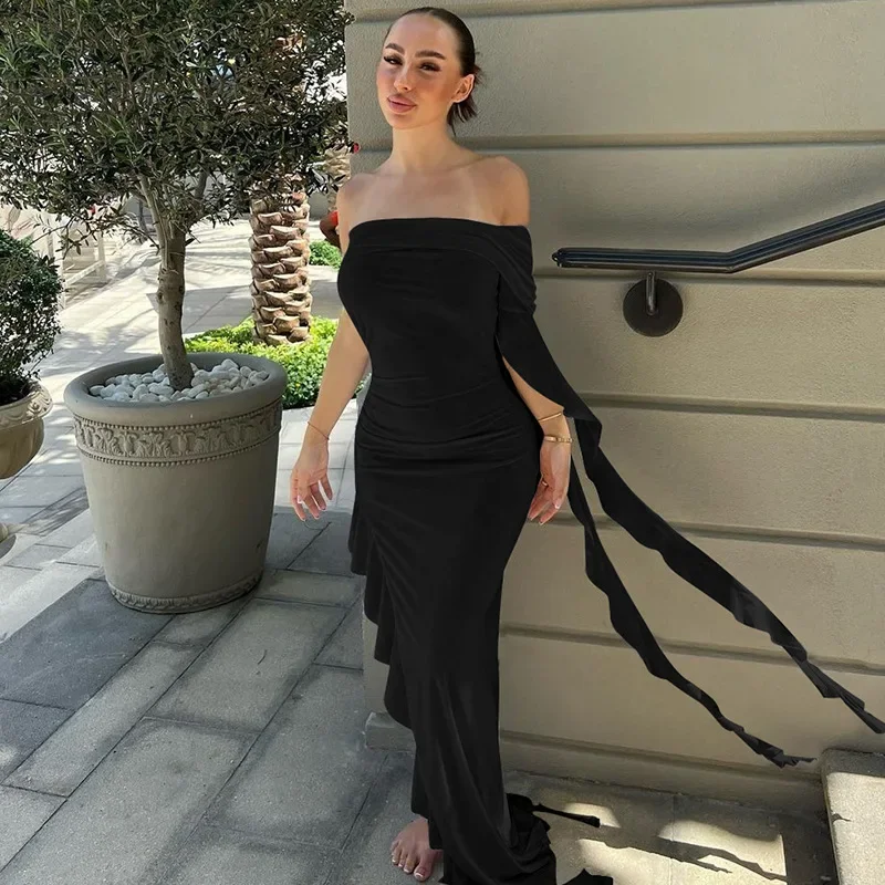 2026 Summer One-shoulder Ruffled Maxi Skirt Irregular Solid Color Party Slim Long Dress Evening Birthday Outfit Elegant Attire