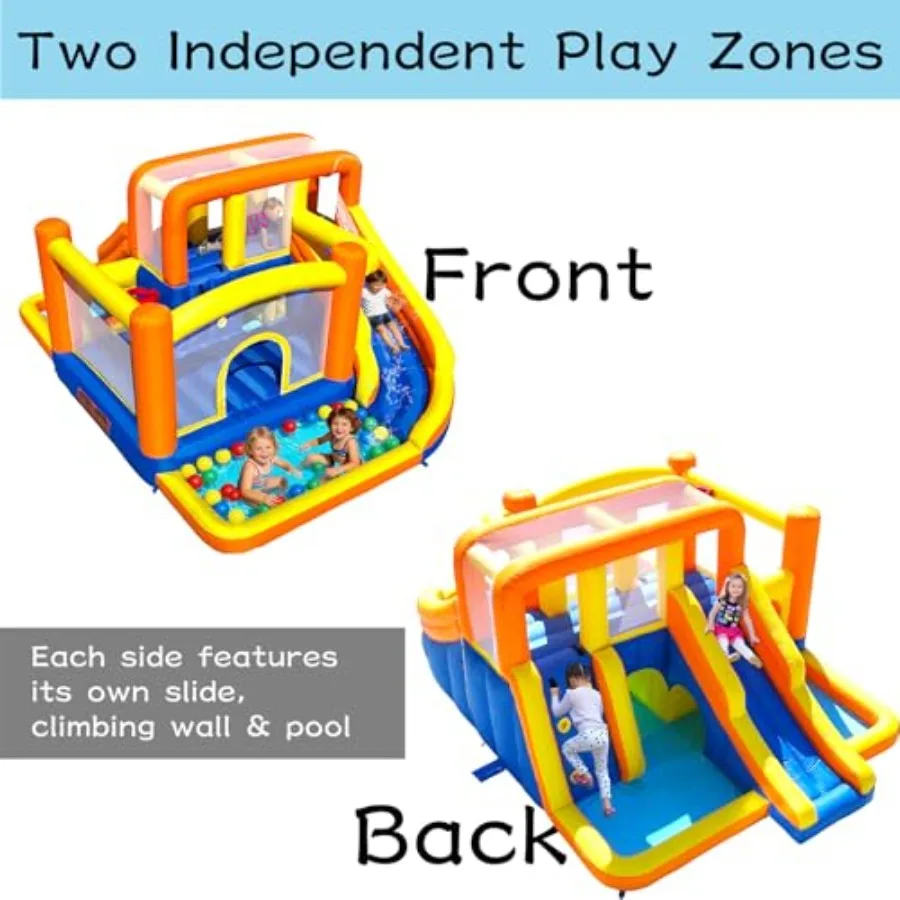 Backyard party bounce house: extra large dual-zone water play with front/back slides pools climbing walls crawl tunnels bounce