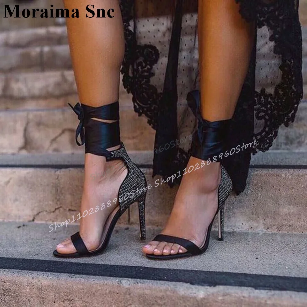 

Stylish Black Sparkling Crystal Shallow Sandals Thin High Heel Women Shoes Lace Up Open Toe 2025 Fashion Zapatos Para Mujere