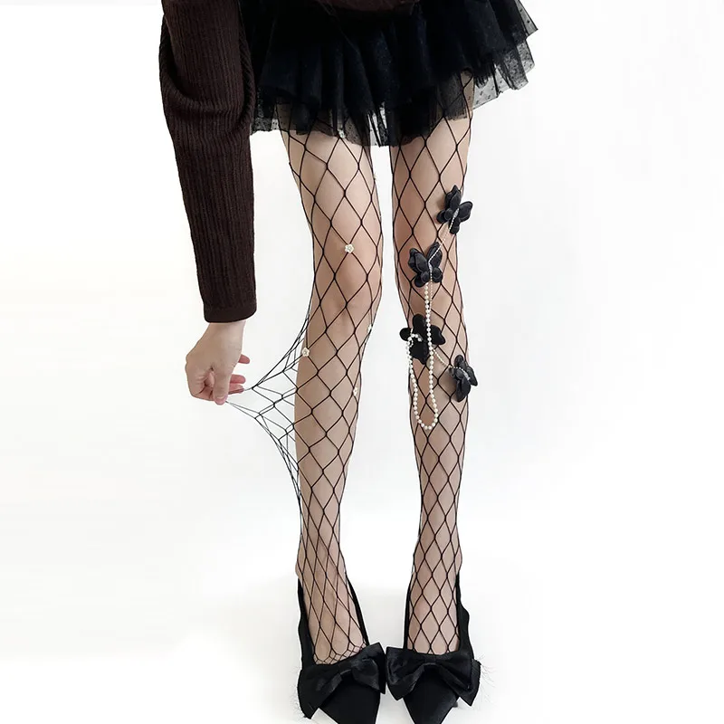 

Сексуальные рыболовные сети, полые чулки с вышивкой, сетчатые носки с бабочкой, жемчужная цепочка, дизайн тяжелой промышленности, леггинсы с цветочным принтом