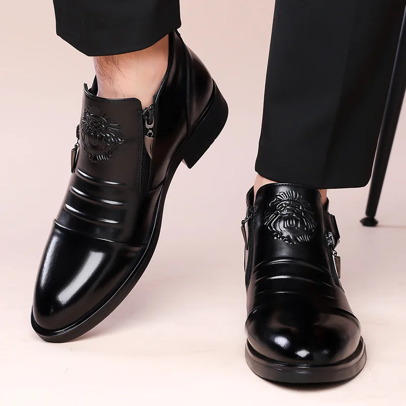 Men's Pointed Toe Dress Shoes Double Side Zippers Business Casual Low Top Boots Comfortable Formal Leather Shoes for Work Office image 2