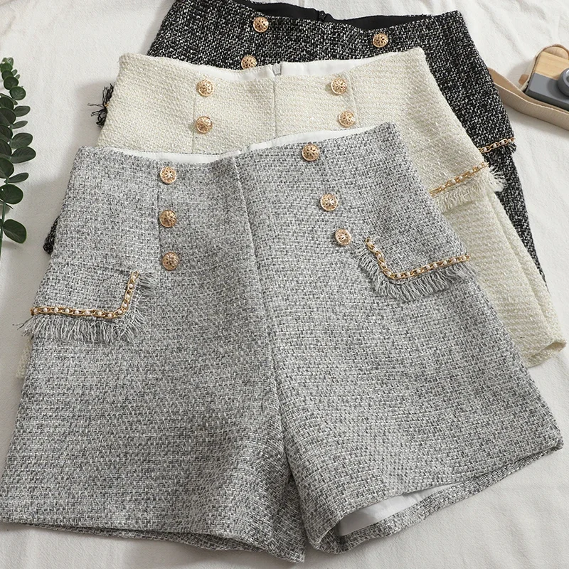 

ITOOLIN Women Tweed High Waist Short Button Vintage A-line Shorts Casual Office Shorts Women Chic Trousers 2025 Spring Summer