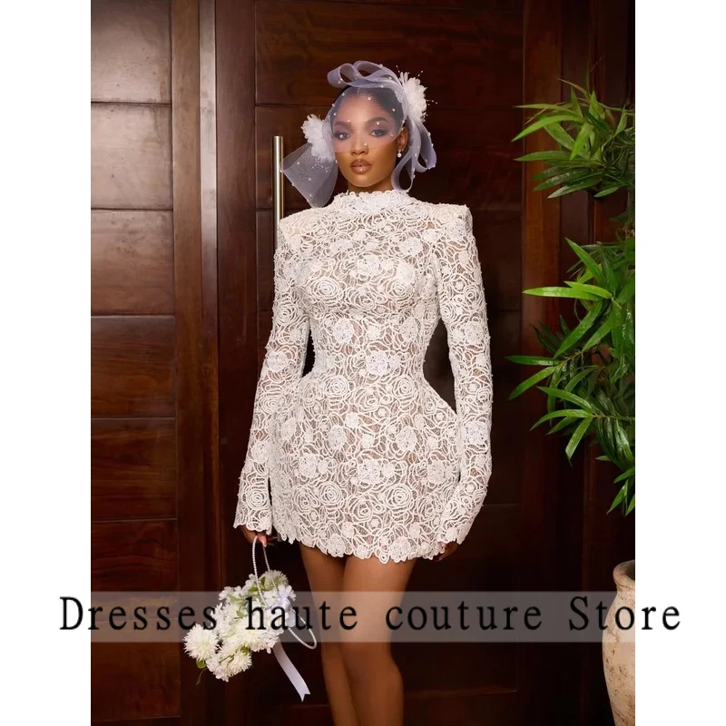 Unique High Neck Full Sleeves  Short/Mini Lace Sleeves Custom Made 2027 Vestido De Noival For Women