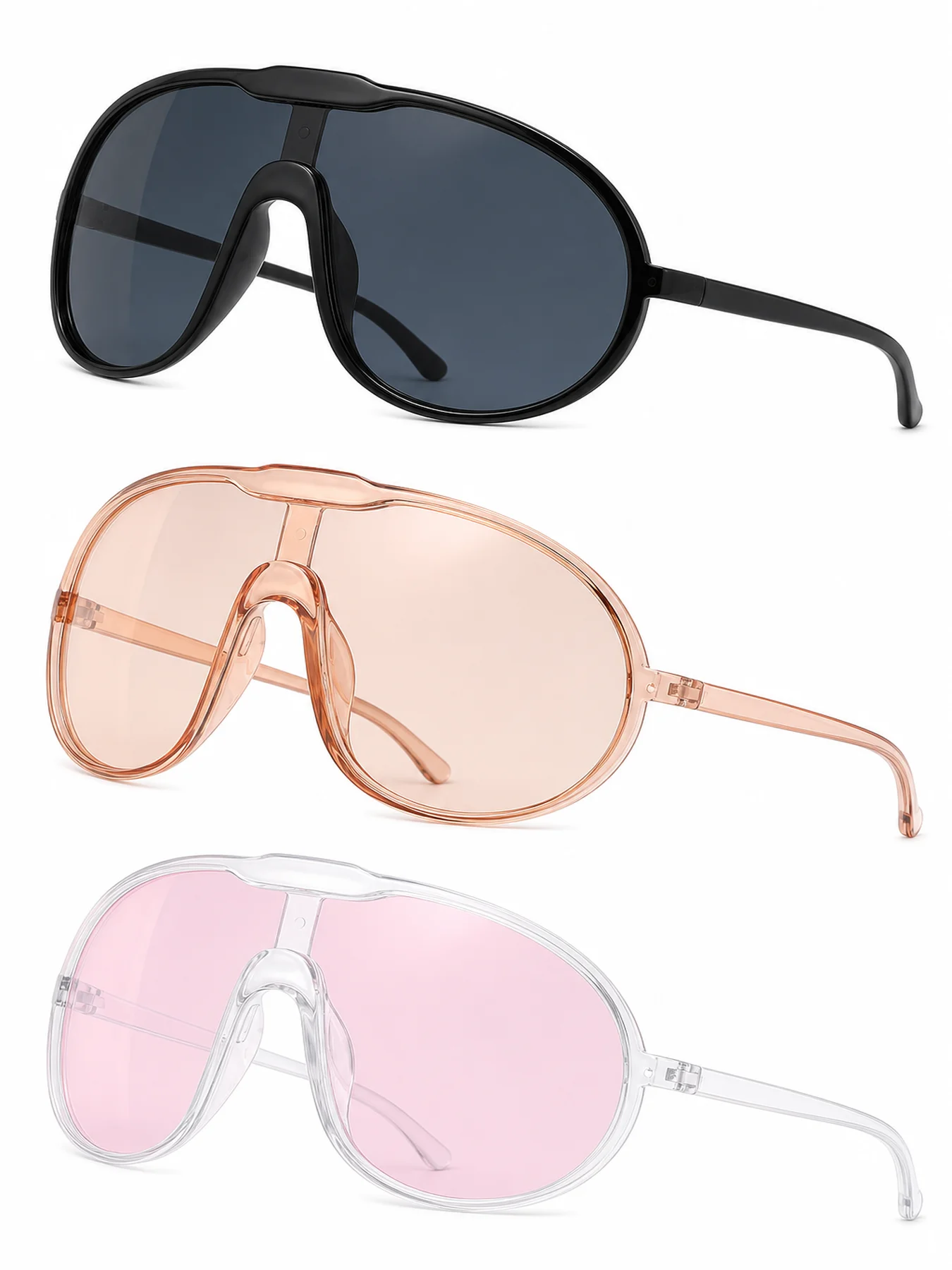 3 sets of Y2K integrated large frame sunglasses with wide face shield shaped lenses for men and women, trendy sunglasses