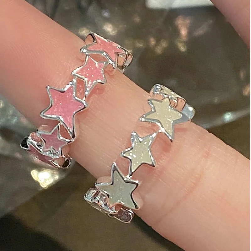 Fashion Pink Glitter Stars Open Rings Y2K Girl Cute Sweet Adjustable Pink Ring Women Vintage Irregular Aesthetics Jewelry