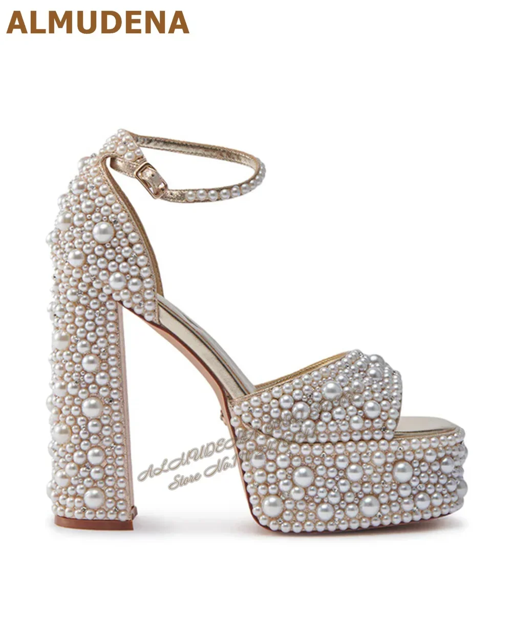 

ALMUDENA/сандалии на массивном каблуке с белым жемчугом, свадебные модельные туфли на высокой платформе с открытым носком, украшения с пряжкой и ремешком из бисера, банкетные туфли-лодочки