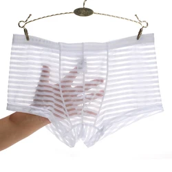 Ropa interior de malla transparente para Hombre, calzoncillos de cintura baja con bolsa convexa en U, bragas a rayas, lencería transpirable elástica