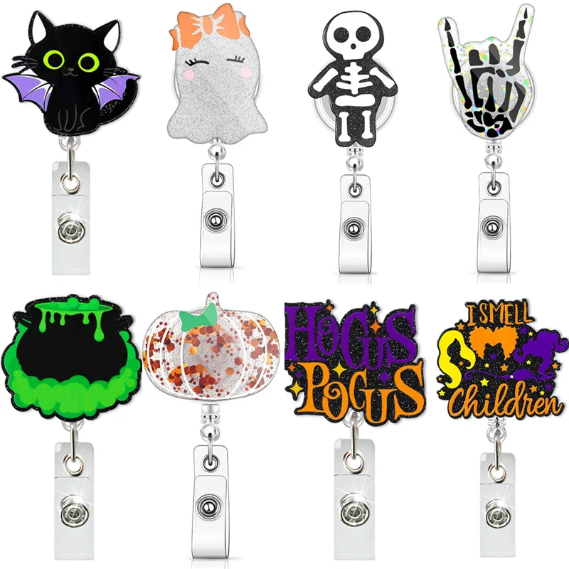 Acrílico Glitter Halloween Badge Reel, Suporte elástico rotativo, Dedo Glitter, Crânio, Abóbora, Gato Preto, Retrátil