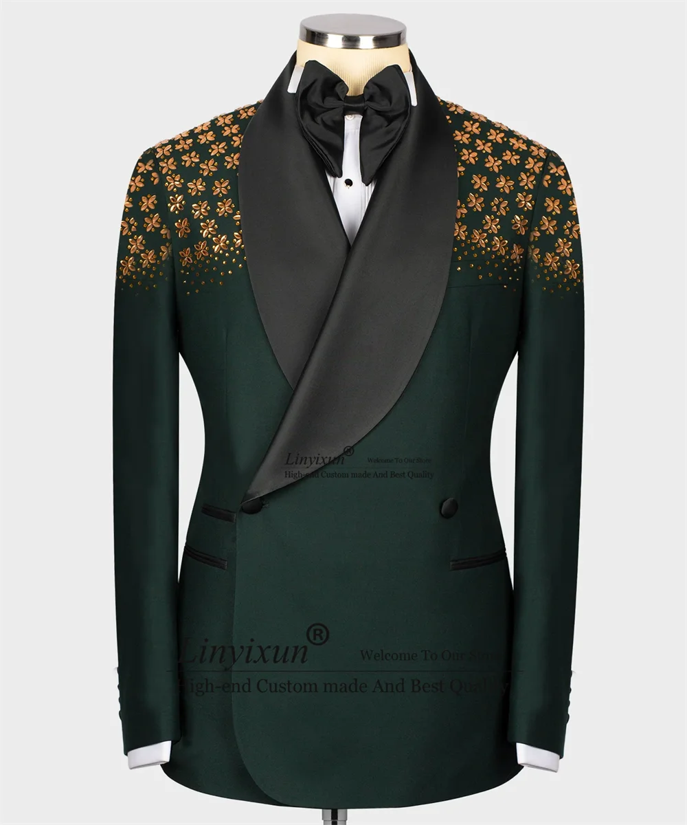 Elegance Luxury Beaded Crystals Men Suits Shawl Lapel Groom Wedding Tuxedos Customized Male Prom Blazers Slim trajes para hombre