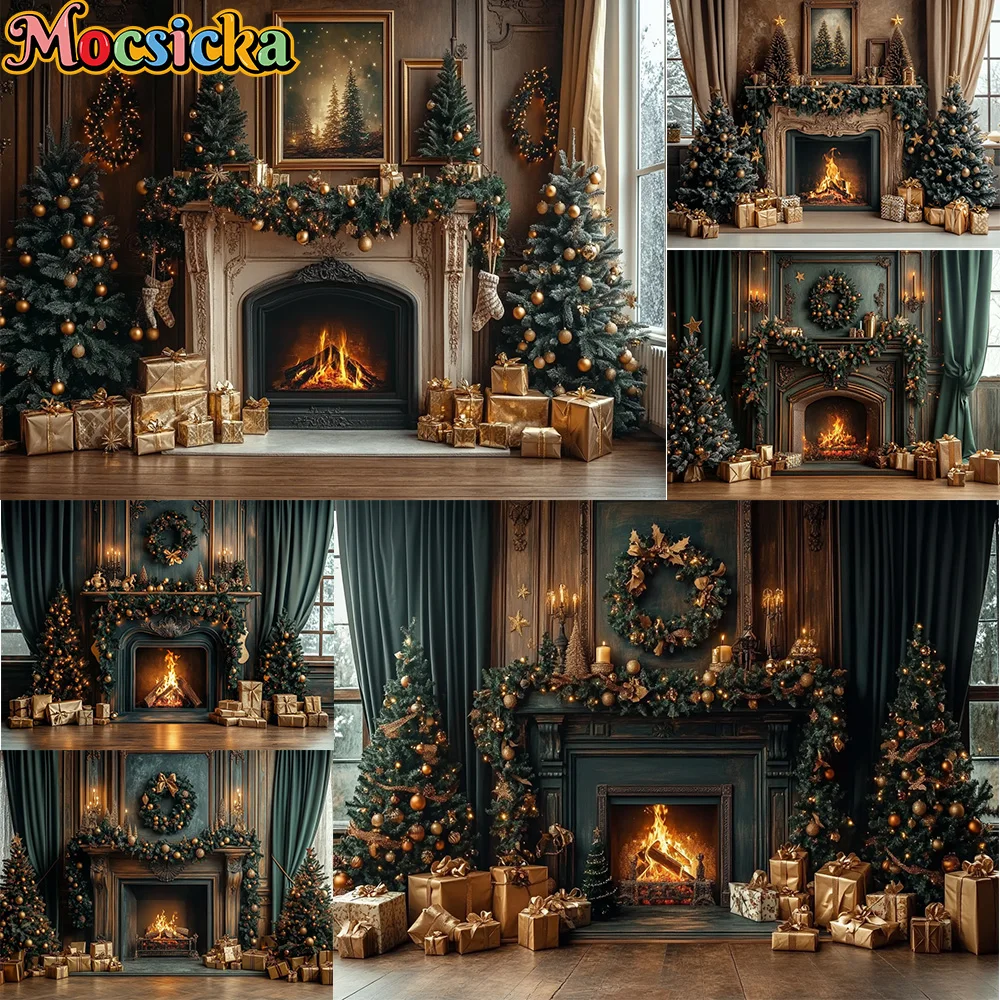 

Mocsicka Photography Background Christmas Tree Fireplace Wreath Decoration Backdrop Family Holiday Party Portrait Photo Studio