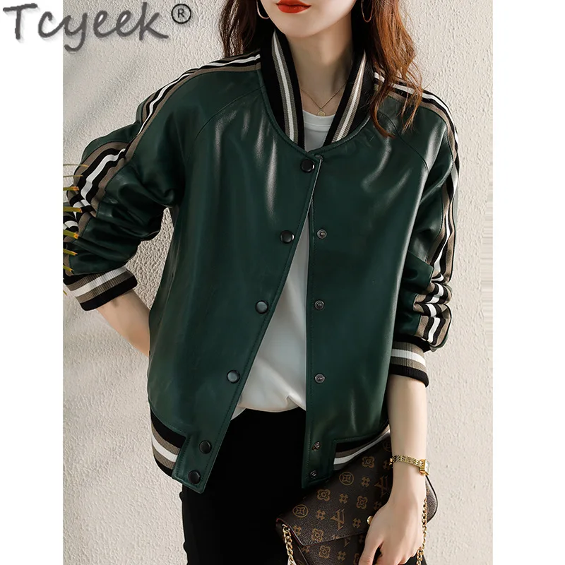 Tcyeek-Chaqueta de cuero auténtico para mujer, abrigo de piel de oveja auténtica, ropa informal de béisbol, primavera y otoño, 2024