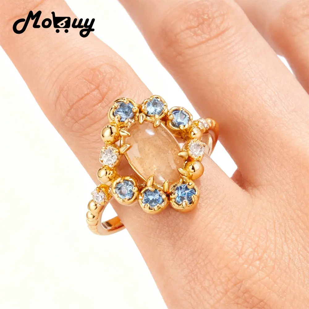 

MOBUY Luxury Vintage Natural Orange Moonstone Blue Topaz Ring For Women Elegant 925 Sterling Silver Gold Vermeil Fine Jewelry