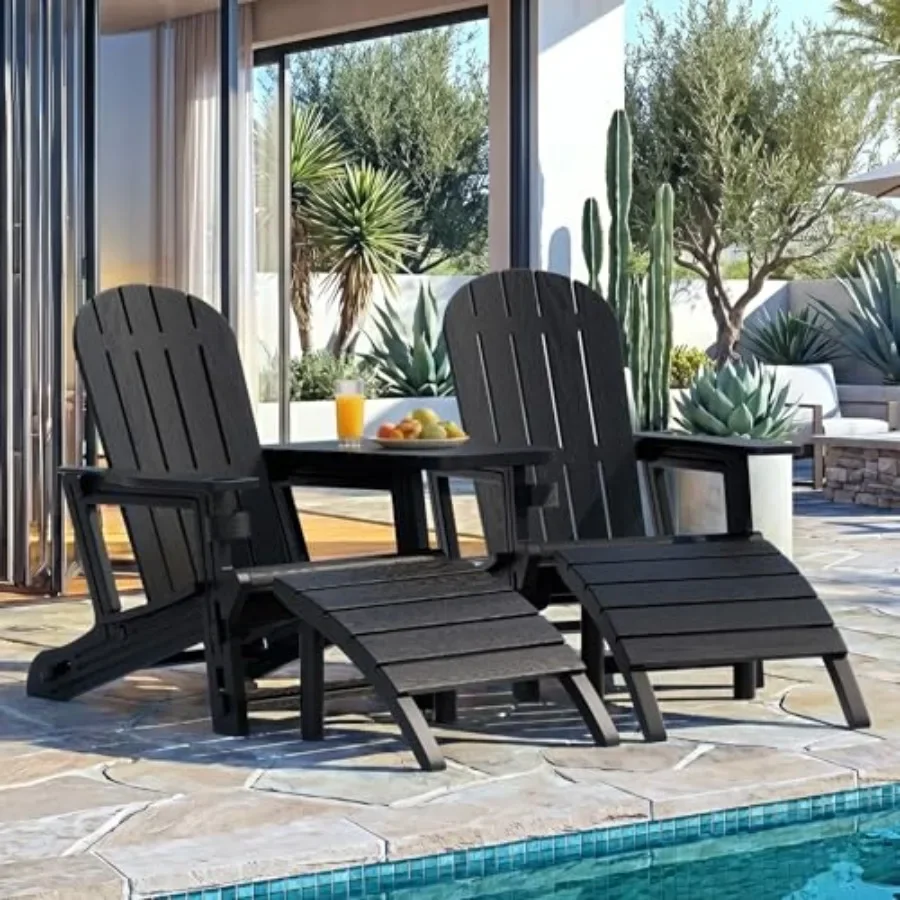 

Adirondack Chairs Set of 2 with Removable Tabletop and Footrest for Patio Poolside Garden, HDPE Plastic with Wooden Texture, Bl