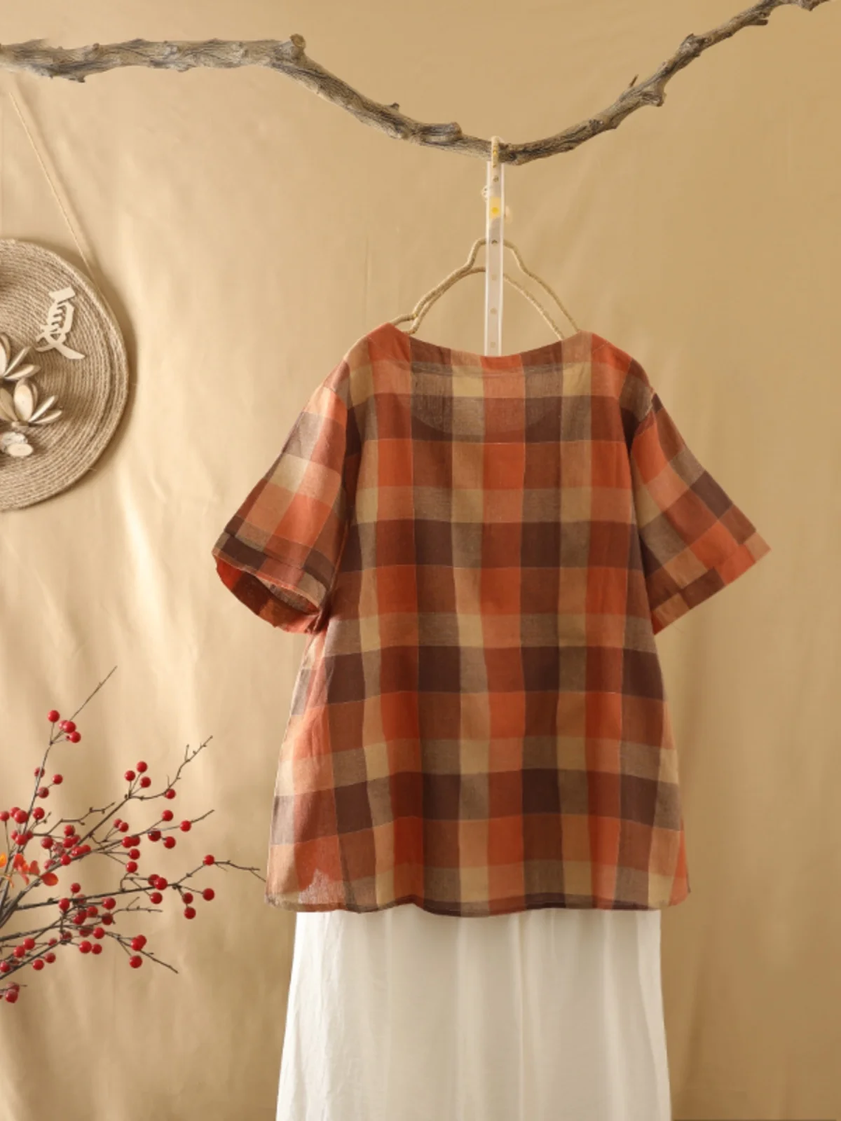 Retro Plaid Baumwolle Leinen ort Sve T-shirt Sommer plus Größe frauen Kleidung Patch ket runde Ne Gewicht Verlust Top