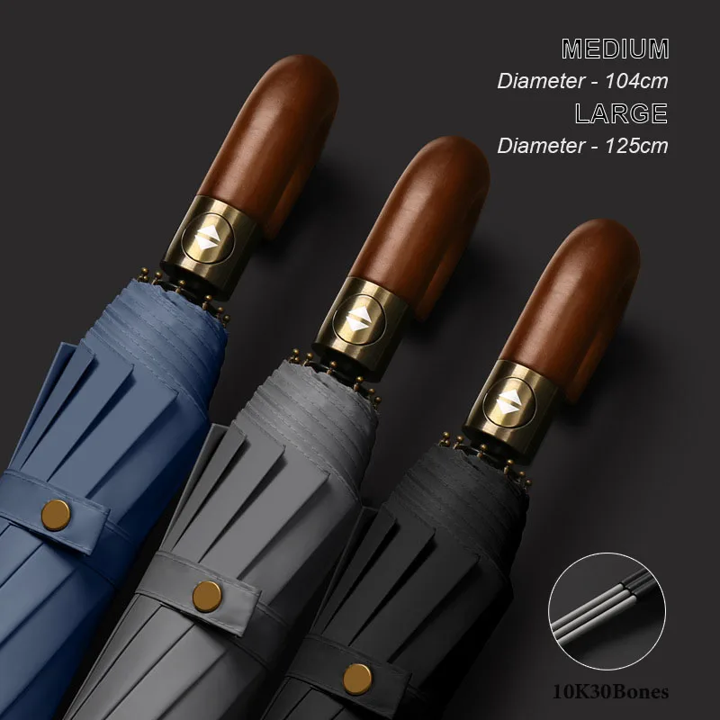 30 Bones Windproof Strong Reinforced Automatic Folding Umbrella for Men Curved Wooden Handle Luxury Umbrella Water Resistant