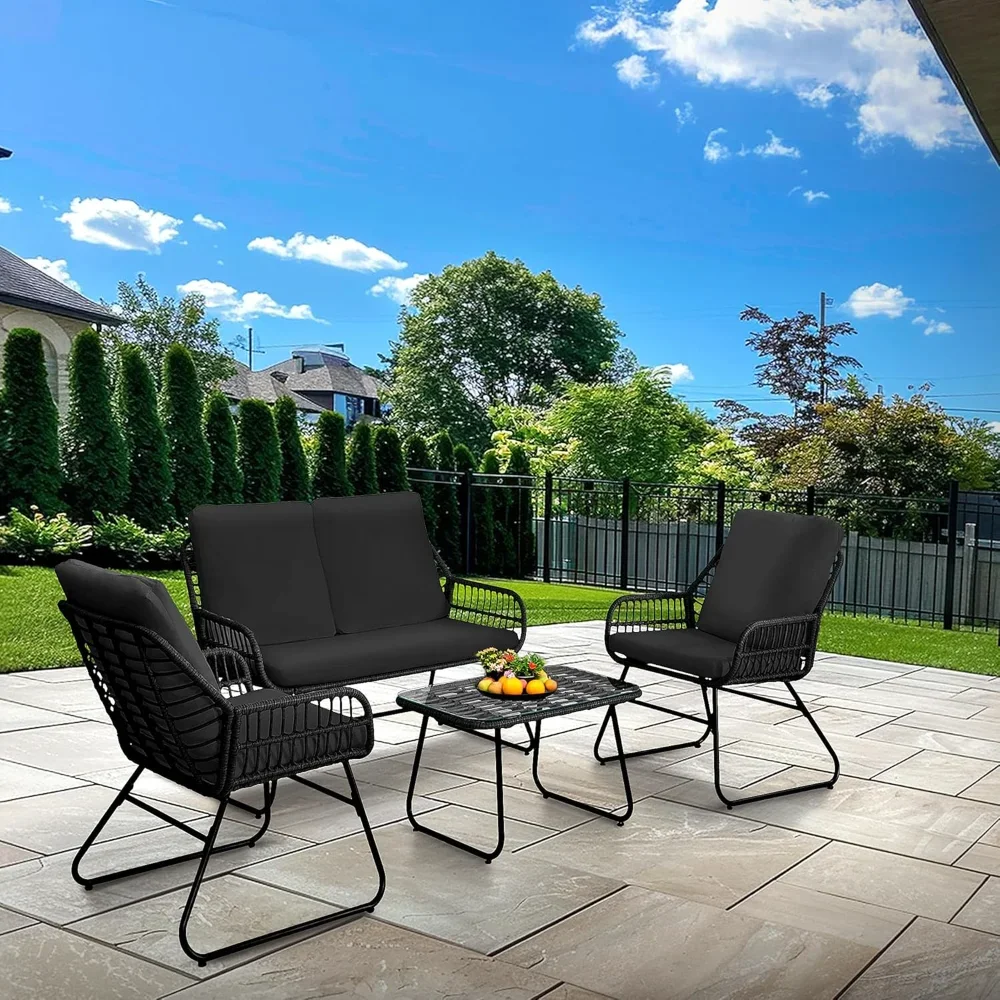 

4 Pieces Outdoor Patio Furniture Set,Patio Conversation Set,Rattan Wicker Bistro Sets with Loveseat Chairs and Modern Coffee