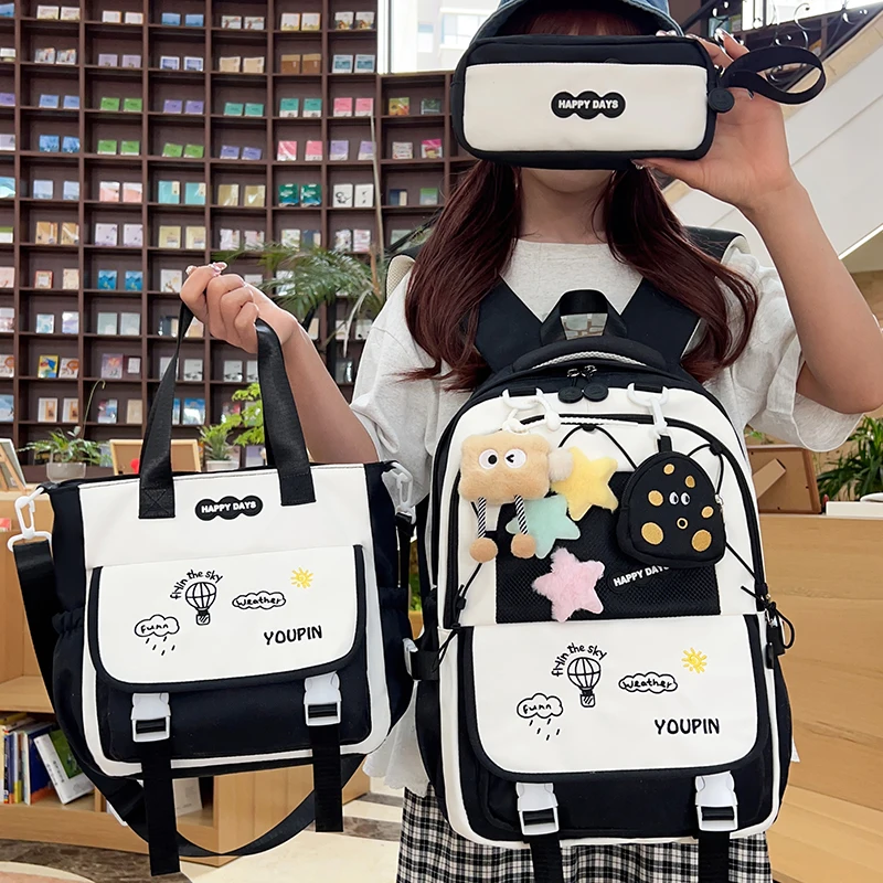 3PCS Girls School Backpack with Adjustable Shoulder Strap Kawaii Backpack Aesthetic Bookbag for Elementary Middle High School