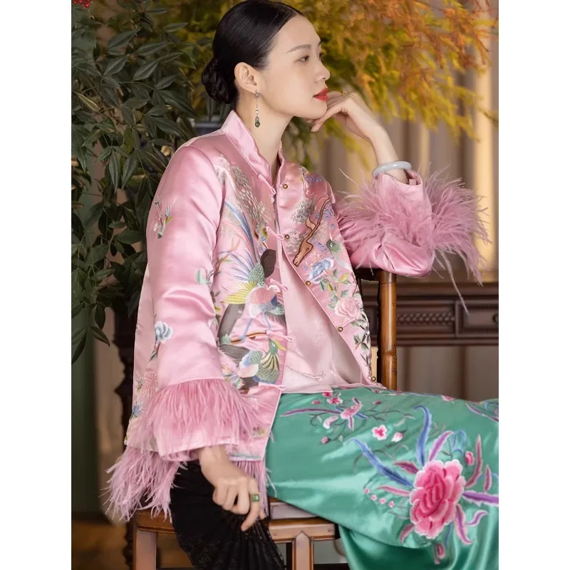 Luxury Luna New Year Chinese Fur Decor Retro TangSuit Pink Jackets Padded Coat