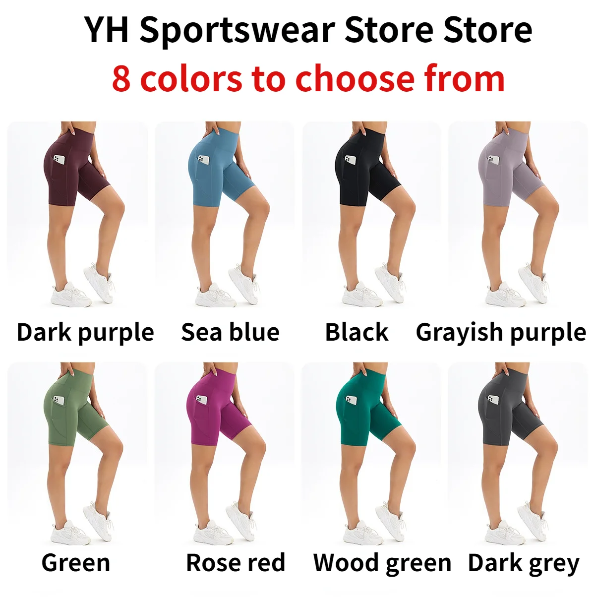 Solid Color No Front Seam High Waist Yoga Shorts Women Tummy Control Fitness Athletic Workout Running Shorts with Side Pockets