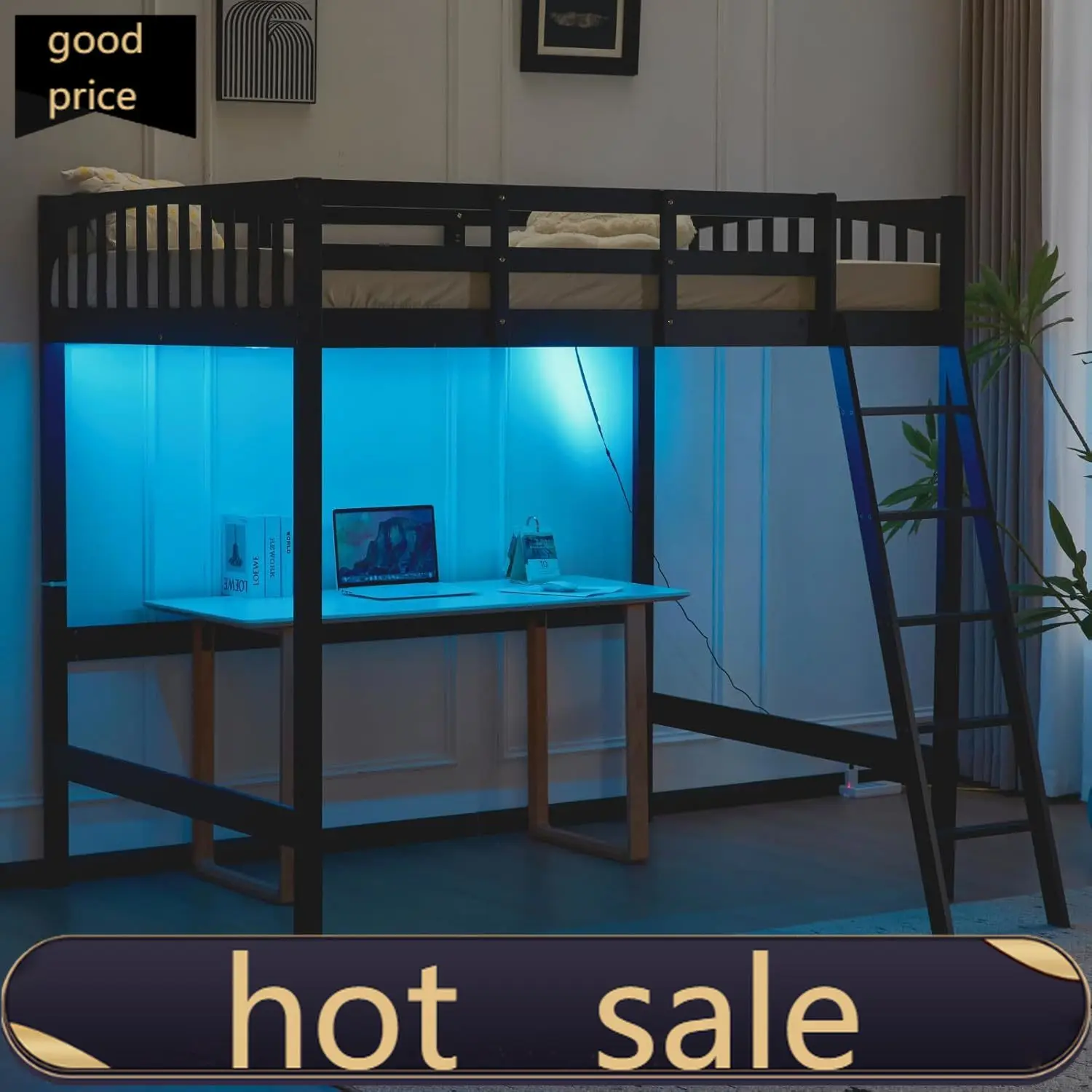 VINGLI Loft Bed Twin Size with USB Charging Station/LED, Solid Wood Single Loft Bunk Bed with Flat Rungs for Kids/Teens/Adults,