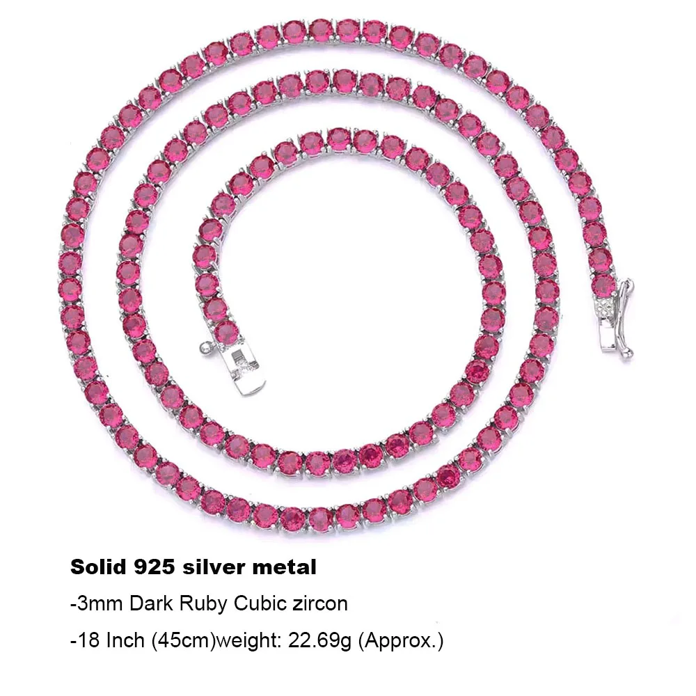 Real 925 Sterling Silver Tennis Necklace 16-24 Inch (41-60 cm) Pave 3mm Dark Ruby Red Cubic Zircon Fine Jewelry Choker Chain