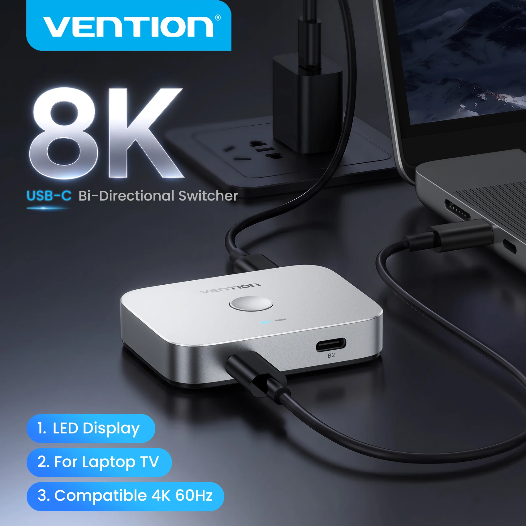Vention 8K 4K 60Hz Type-C Bi-Directional Switcher 1 in 2 Out/2 in 1 Out USB-C Switcher 100W PD Charge for Laptop Macbook Monitor