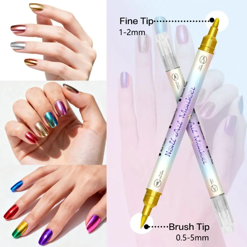 12/24 Colors Dual Tip Nail Art Pen Ultra Fine Liner Acrylic Marker Pearlescent Metallic Pigment No Curing Lamp DIY Painting Tool view 3