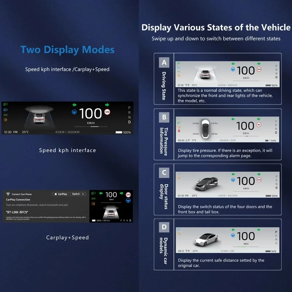 For Tesla Model Y/3 Head Up Display Carplay & Android Auto Instrument Cluster,8.8\