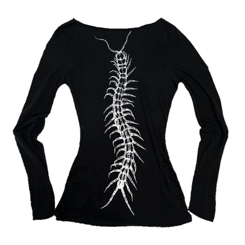 ヨーロッパとアメリカのスタイルのイースター新作、背中にムカデ柄が入った長袖Tシャツトップス、90年代レトロ原宿Y2K