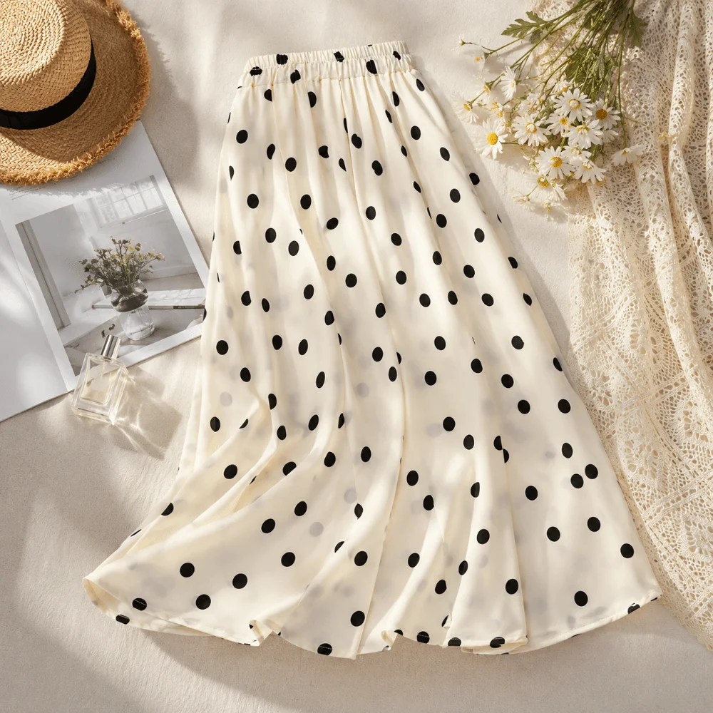 Breathable Elastic Waist Polka Dot Skirt Slim Fit Pleated A-Line Skirt Splicing Design Summer Half-length Dress Vacation