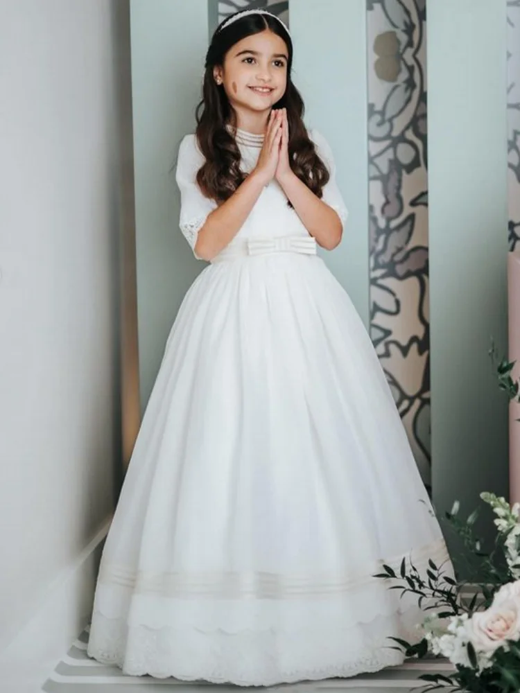 Vestidos da menina de flor branco cetim rendas apliques com arco meia manga para festa de aniversário de casamento banquete vestidos de princesa