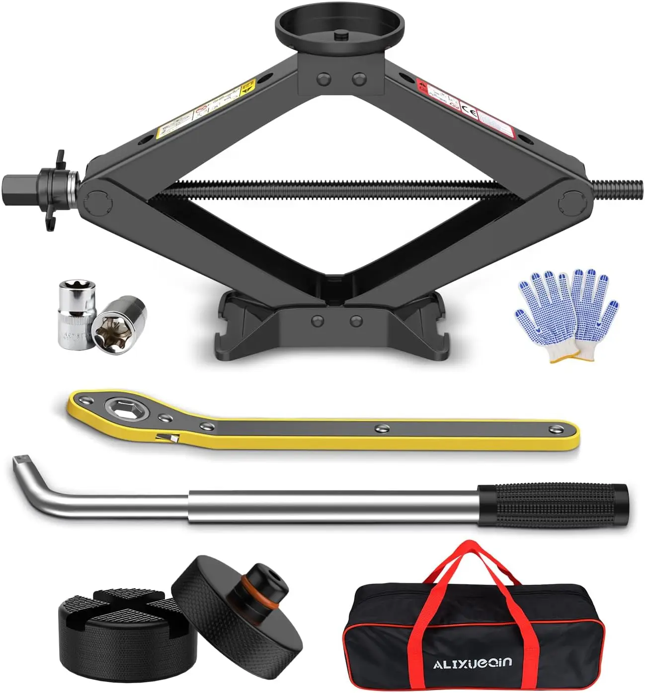 

Универсальный автомобильный ножничный домкрат на 2,5 тонны с 2 подушками и ключами для замены шин
