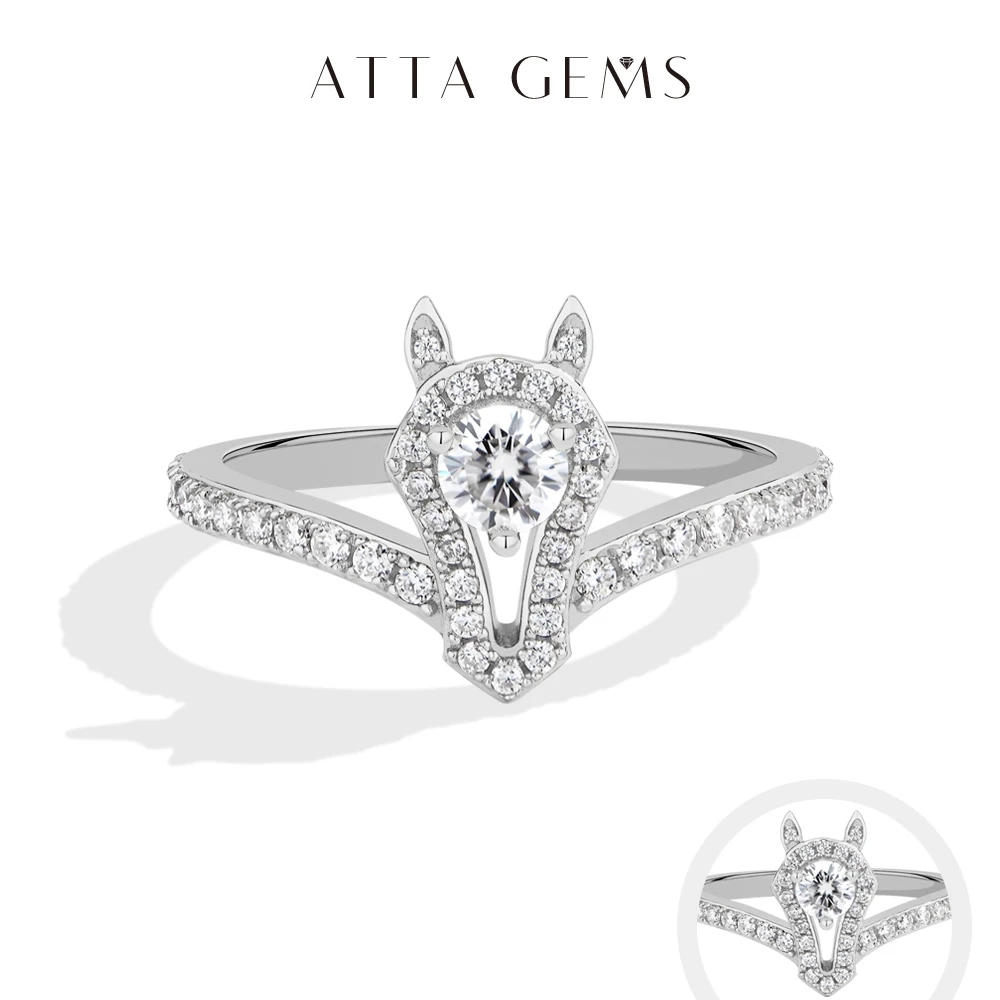 

ATTAGEMS 925 Sterling Silver Ring for Women Men Horsehead Center Round Moissanite Original Design Rings Wedding Animal Jewelry