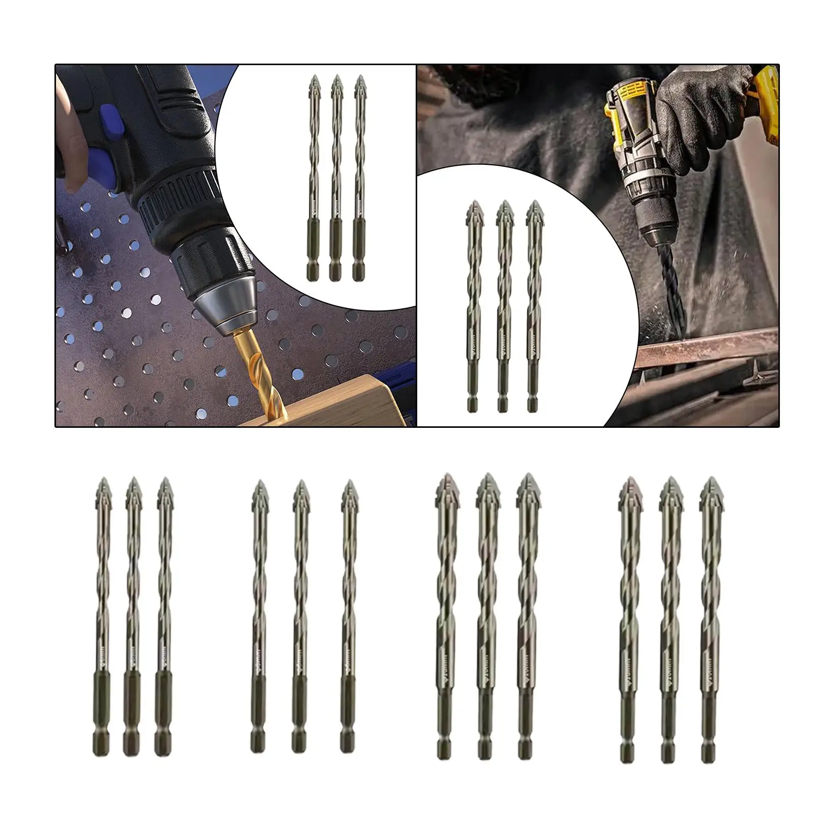 Four Flute Serrated Eccentric for Multi Material Drilling Tasks on Brick Ceramic Glass Concrete Alloy Body Hexagon Shank