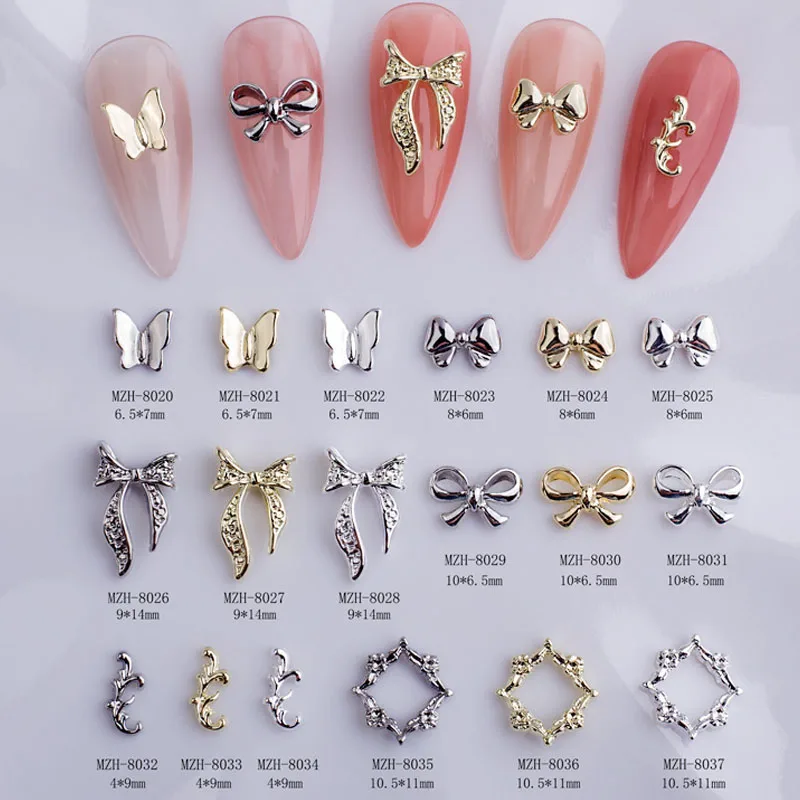 

10pcs Nail Charms Alloy Bow Butterfly Gold Silver Alloy Material Nail Stone Jewelry For Manicure Decoration Nail Parts Supplies
