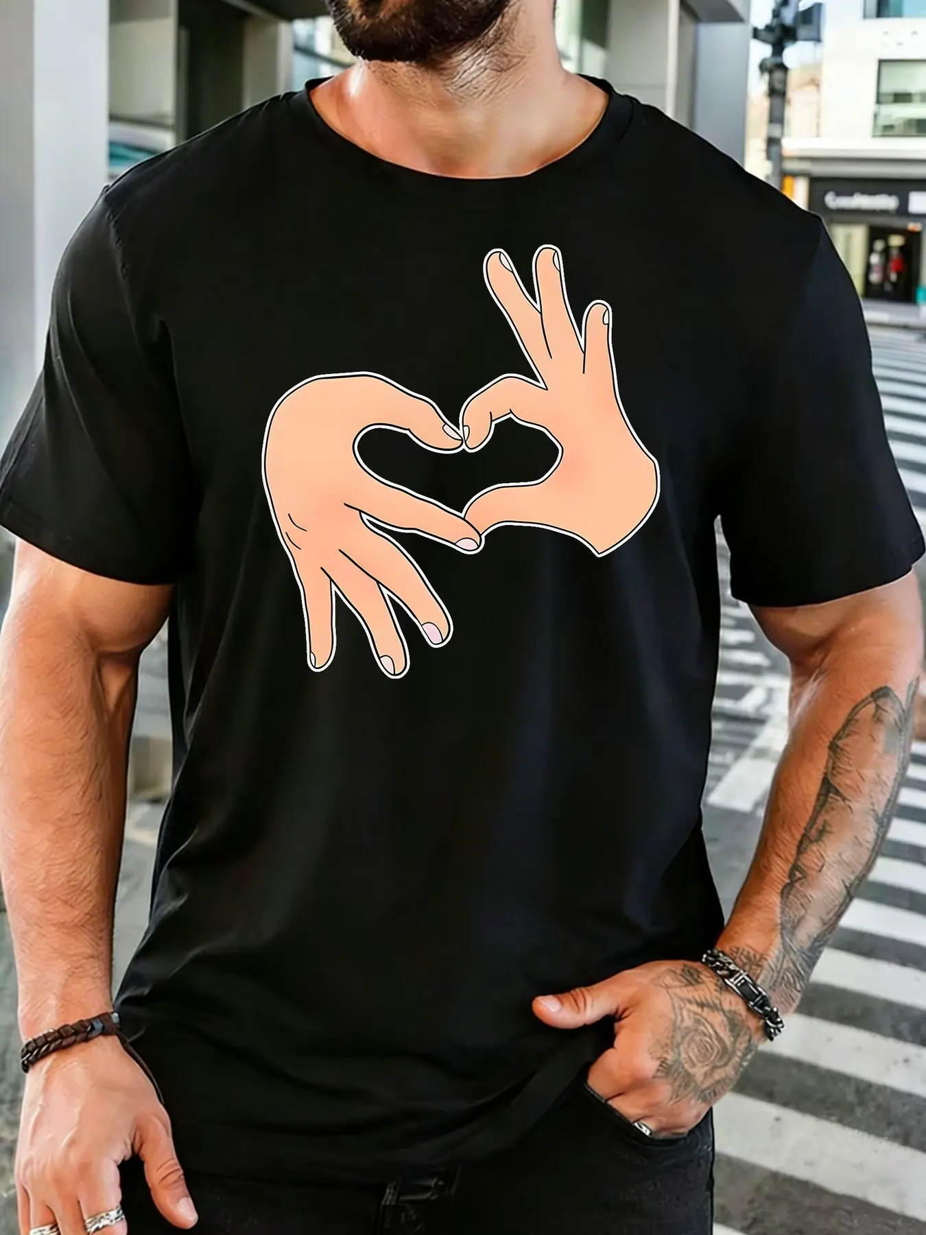 Two Hands Form Heart Shape Graphic Mens Soft Cotton Round Neck Short Sleeve Tshirt Loose Love Theme Casual Daily Street Tee