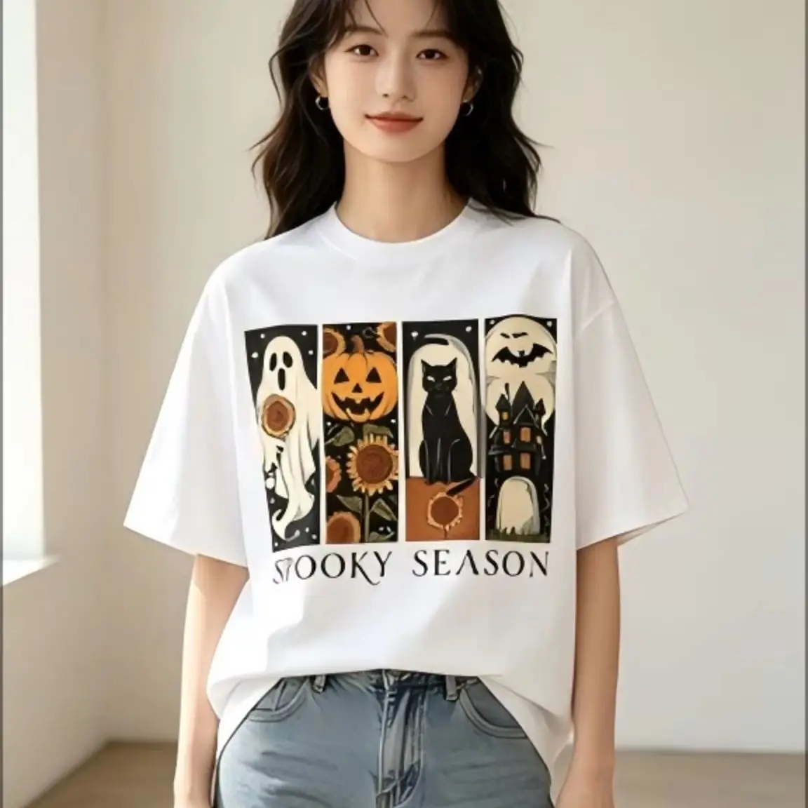 Spooky Season Halloween Graphic T‑Shirt, Ghost Pumpkin Black Cat Haunted House Art Print Tee, Casual Short Sleeve Top