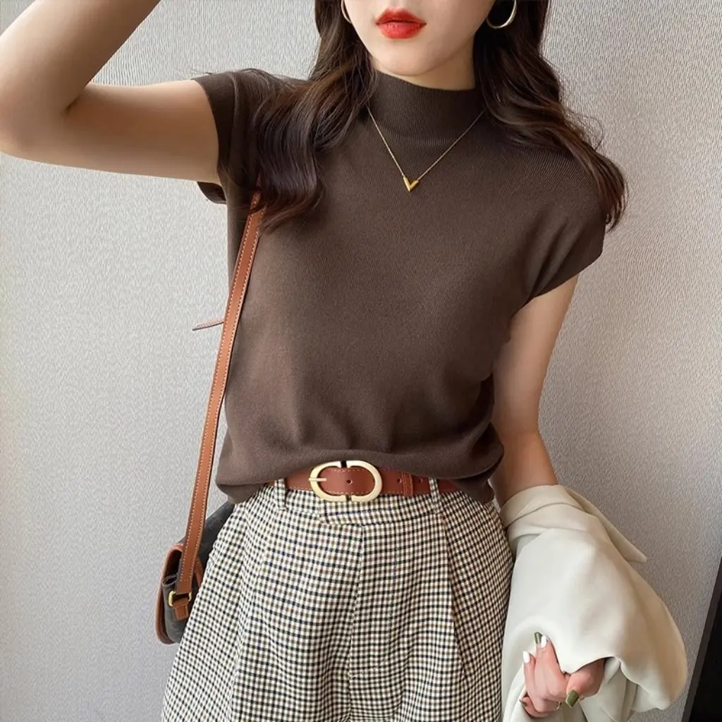 

Women's Short-Sleeved T-Shirt Knitted Elegant Solid Color Shoulder Mid-Collar Basic Bottoming Shirt for Summer
