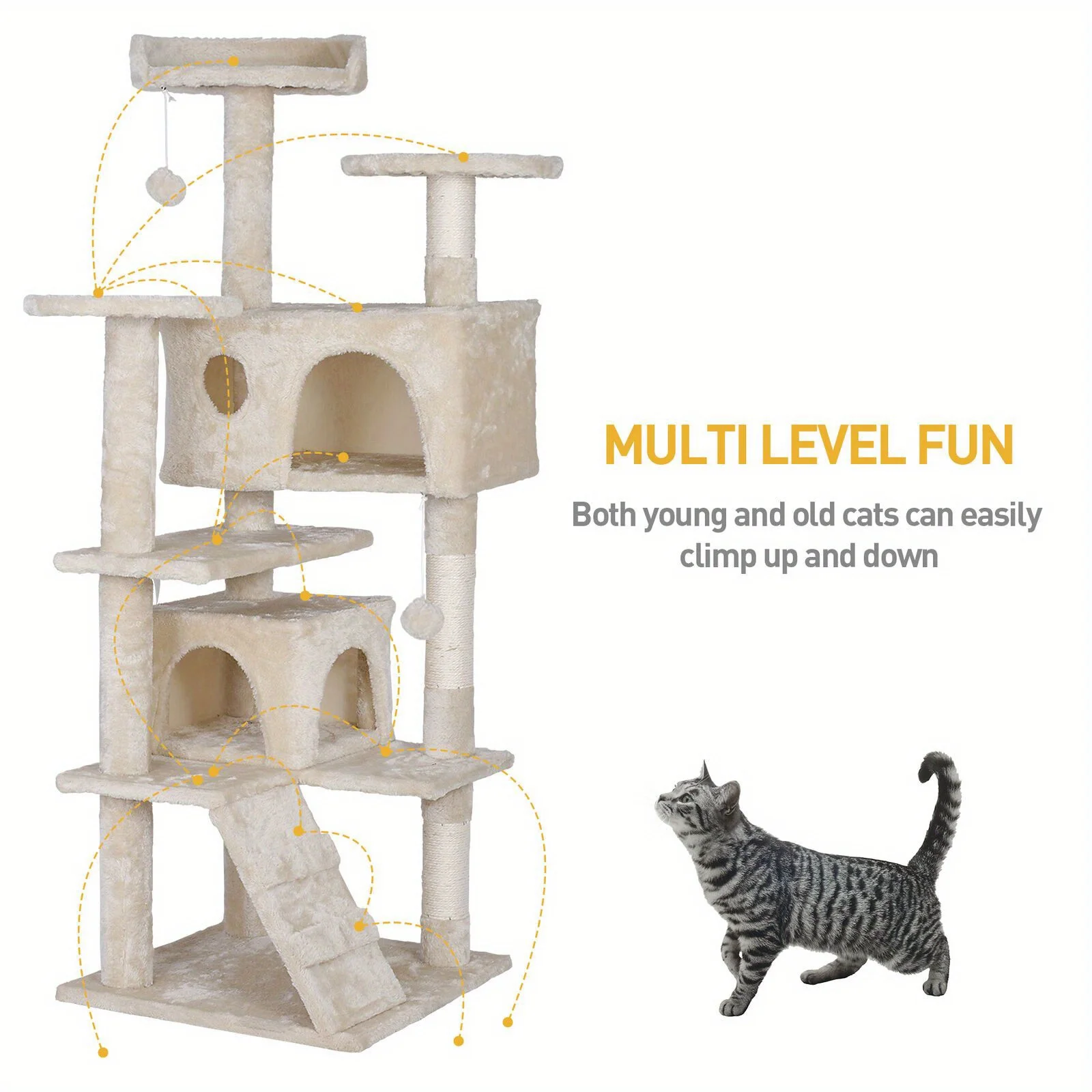 

55 Inch Beige Cat Tree Tower Condo Scrathcher Post Activity Center Playing House