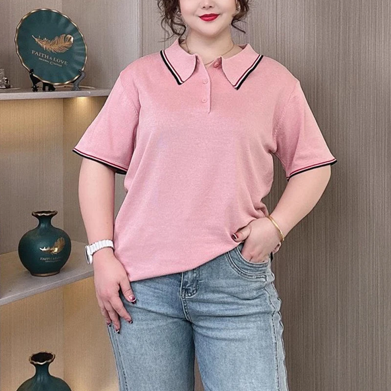 Women's Plus Size Polo Collar Short Sleeve T-Shirt Loose Fit Summer Casual Slimming Breathable Top With Ice Silk Fabric 2276