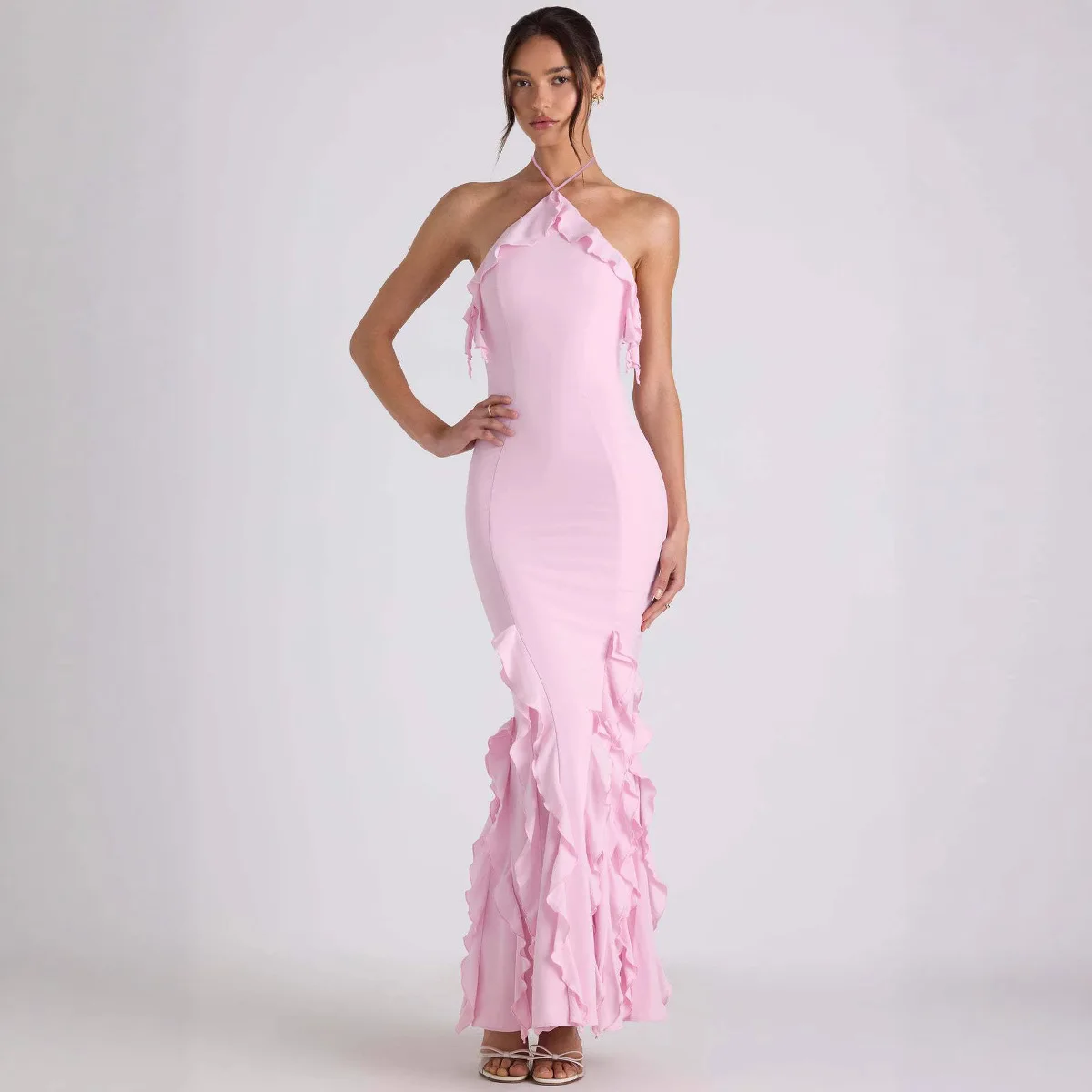 Women's Summary Dress, Suspend Neck, Erotogenic Backless, Unmatched Ruffled Design, Pleated, Elegant Evening Gown. Maxi