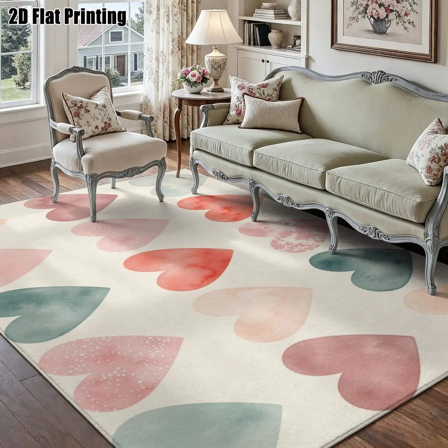 1Pc 2D Printed Morandi Watercolor Heart Pattern Carpet: Instagram-Style, Machine-Washable Floor Mat for Home Decor, Multiple Sizes Available
